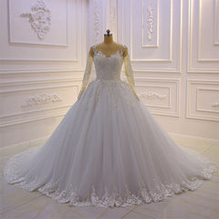 Wedding Dress Simple, Gorgeous Long A-Line Bateau Pearl Tulle Appliques Lace Wedding Dress with Sleeves