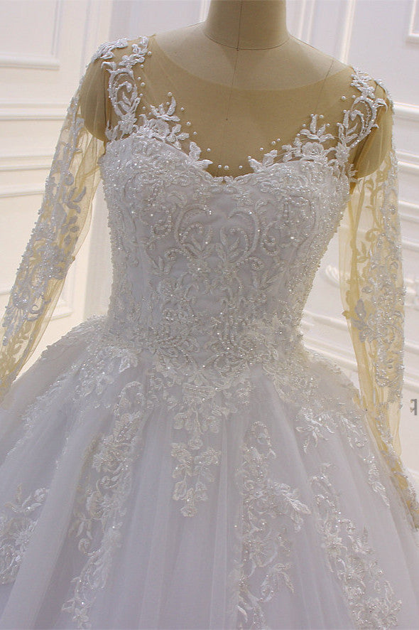 Wedding Dress Lace, Gorgeous Long A-Line Bateau Pearl Tulle Appliques Lace Wedding Dress with Sleeves