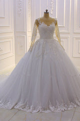 Wedding Dresses Mermaid, Gorgeous Long A-Line Bateau Pearl Tulle Appliques Lace Wedding Dress with Sleeves