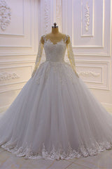 Wedding Dresses Simple, Gorgeous Long A-Line Bateau Pearl Tulle Appliques Lace Wedding Dress with Sleeves