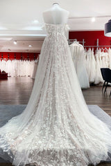 Wedding Dresses No Sleeves, Gorgeous Long A-line Off-the-shoulder Tulle Appliques Lace Wedding Dress