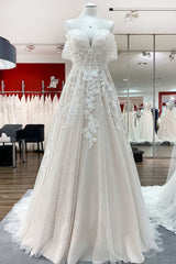 Wedding Dress Open Back, Gorgeous Long A-line Off-the-shoulder Tulle Lace Appliques Wedding Dress