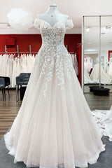 Wedding Dresses Unique, Gorgeous Long A-line Off-the-shoulder Tulle Lace Ruffles Wedding Dress