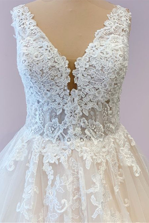 Wedding Dresses Long, Gorgeous Long A-Line Tulle Wedding Dress With Appliques Lace