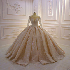 Wedding Dresses A Line Sleeves, Gorgeous Long Ball Gown Bateau Crystal Wedding Dress with Sleeves