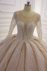 Wedding Dresses Lace Beach, Gorgeous Long Ball Gown Bateau Crystal Wedding Dress with Sleeves
