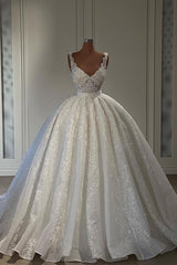 Wedding Dresses Outfits, Gorgeous Long Ball Gown Sweetheart Sleeveless Lace Wedding Dress with Ruffles