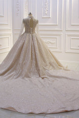 Wedding Dresses Bride, Gorgeous Long High neck Sequin Satin Ball Gown Wedding Dress with Sleeves