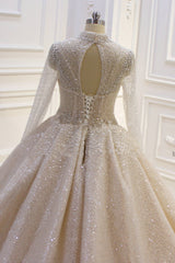 Wedding Dress Princess, Gorgeous Long High neck Sequin Satin Ball Gown Wedding Dress with Sleeves