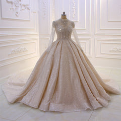 Wedding Dress On A Budget, Gorgeous Long High neck Sequin Satin Ball Gown Wedding Dress with Sleeves