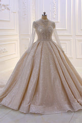 Wedding Dress Dress, Gorgeous Long High neck Sequin Satin Ball Gown Wedding Dress with Sleeves