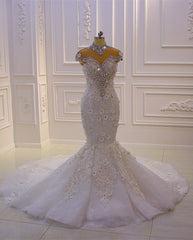 Weddings Dress Long Sleeve, Gorgeous Long Mermaid High Neck Appliques Lace Crystal Tulle Wedding Dress