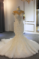 Wedding Dresses Long Sleev, Gorgeous Long Mermaid High Neck Appliques Lace Crystal Tulle Wedding Dress
