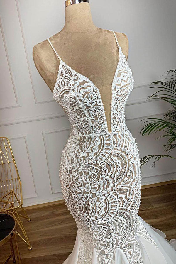 Wedding Dress Online Shops, Gorgeous Long Mermaid Sweetheart Beaded Lace Organza Wedding Dress