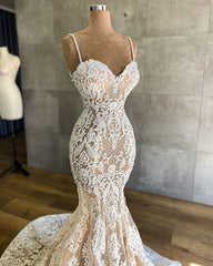 Wedding Dresses 2027, Gorgeous Long Mermaid Sweetheart Spaghetti-straps Lace Wedding Dresses