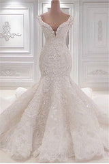 Wedding Dresses For Over 53S, Gorgeous Long Mermaid V-neck Appliques Lace Ruffles Wedding Dress