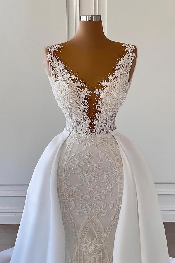 Wedding Dress Ball Gown, Gorgeous Long Mermaid V-neck Lace Wedding Dresses with Satin Detachable Train