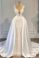 Wedding Dress Straps, Gorgeous Long Mermaid V-neck Lace Wedding Dresses with Satin Detachable Train