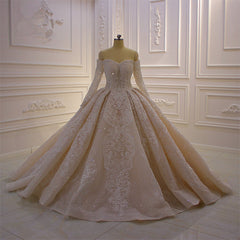 Wedding Dresses Lace, Gorgeous Long Sleeve Off the Shoulder Appliques Lace Ball Gown Wedding Dress