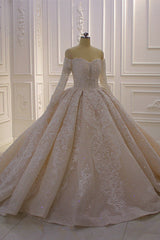 Wedding Dress Styles, Gorgeous Long Sleeve Off the Shoulder Appliques Lace Ball Gown Wedding Dress