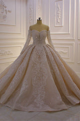 Wedding Dress Ideas, Gorgeous Long Sleeve Off the Shoulder Appliques Lace Ball Gown Wedding Dress