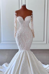 Weddings Dresses Near Me, Gorgeous Long Sleeves White Mermaid Bridal Dress Sweetheart Graden Wedding Dresses