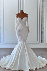Wedding Dresses For The Beach, Gorgeous Long Sleeves White Mermaid Bridal Dress Sweetheart Graden Wedding Dresses