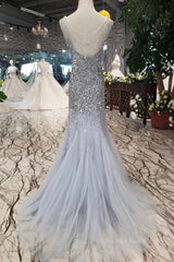 Bridesmaid Dress Online, Gorgeous Mermaid Backless Silver Grey Sequins Prom Dress, Mermaid Silver Grey Formal Dress, Shiny Silver Grey Evening Dress