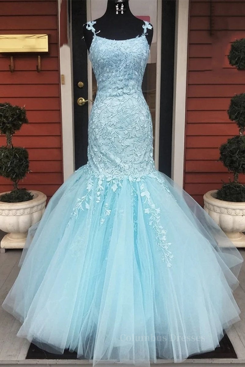 Party Dress Midi With Sleeves, Gorgeous Mermaid Light Blue Lace Long Prom Dresses, Light Blue Mermaid Lace Formal Dresses, Mermaid Lace Evening Dresses