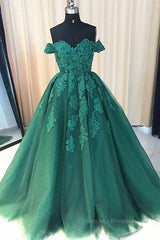 Bridesmaid Dresses Fall Colors, Gorgeous Off Shoulder Green Lace Long Prom Dresses, Green Lace Formal Evening Dresses, Green Ball Gown
