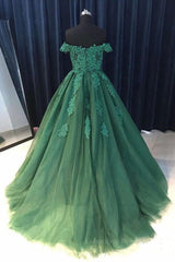 Bridesmaids Dresses Fall Colors, Gorgeous Off Shoulder Green Lace Long Prom Dresses, Green Lace Formal Evening Dresses, Green Ball Gown