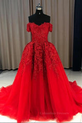 Formal Wedding Guest Dress, Gorgeous Off Shoulder Red Lace Long Prom Dresses, Red Lace Formal Evening Dresses, Red Ball Gown