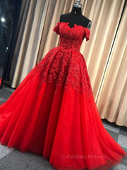 Trendy Dress Outfit, Gorgeous Off Shoulder Red Lace Long Prom Dresses, Red Lace Formal Evening Dresses, Red Ball Gown