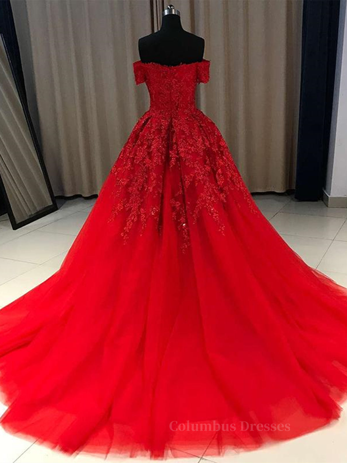 Party Dresses With Boots, Gorgeous Off Shoulder Red Lace Long Prom Dresses, Red Lace Formal Evening Dresses, Red Ball Gown
