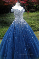 Prom Dresses For Chubby Girls, Gorgeous Off Shoulder Sequins Blue Long Prom Dress, Shiny Sequins Blue Formal Evening Dress, Blue Ball Gown