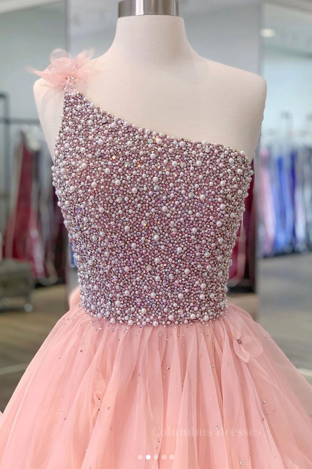 Party Dresses Long Dresses, Gorgeous One Shoulder Beaded Pink Long Prom Dresses, Fluffy Pink Formal Evening Dresses, Beaded Ball Gown