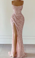 Champagne Prom Dress, Gorgeous Pink Sequined Sleeveless Prom Dress With Slit