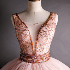 Prom Dress Under 51, Gorgeous Pink V-neckline Beaded Ball Gown Formal Dresses, Pink Sweet 16 Dresses