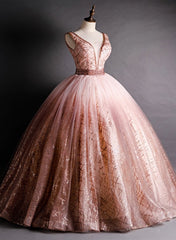 Prom Dress 01, Gorgeous Pink V-neckline Beaded Ball Gown Formal Dresses, Pink Sweet 16 Dresses