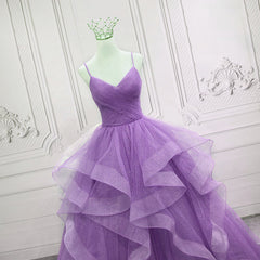 Prom Dresses 2023, Gorgeous Purple Straps Layers Tulle V-neckline Long Evening Dress, Light Purple Prom Dresses