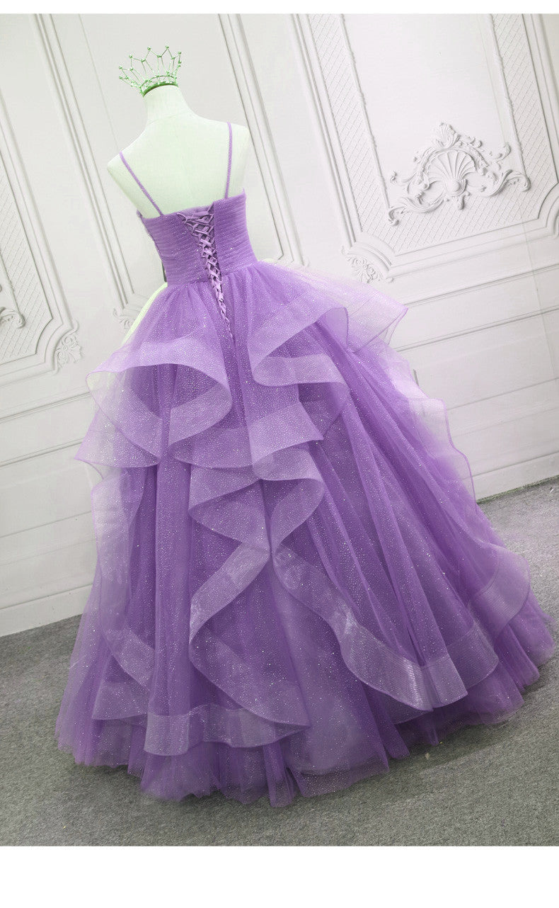 Prom Dress Long, Gorgeous Purple Straps Layers Tulle V-neckline Long Evening Dress, Light Purple Prom Dresses