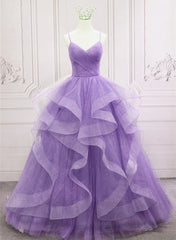 Prom Dresses For Teens, Gorgeous Purple Straps Layers Tulle V-neckline Long Evening Dress, Light Purple Prom Dresses