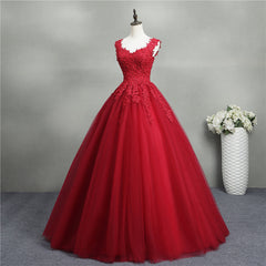 Wedding Inspiration, Gorgeous Red Ball Gown Sweet 16 Gown, Red Tulle with Lace Applique Party Dresses