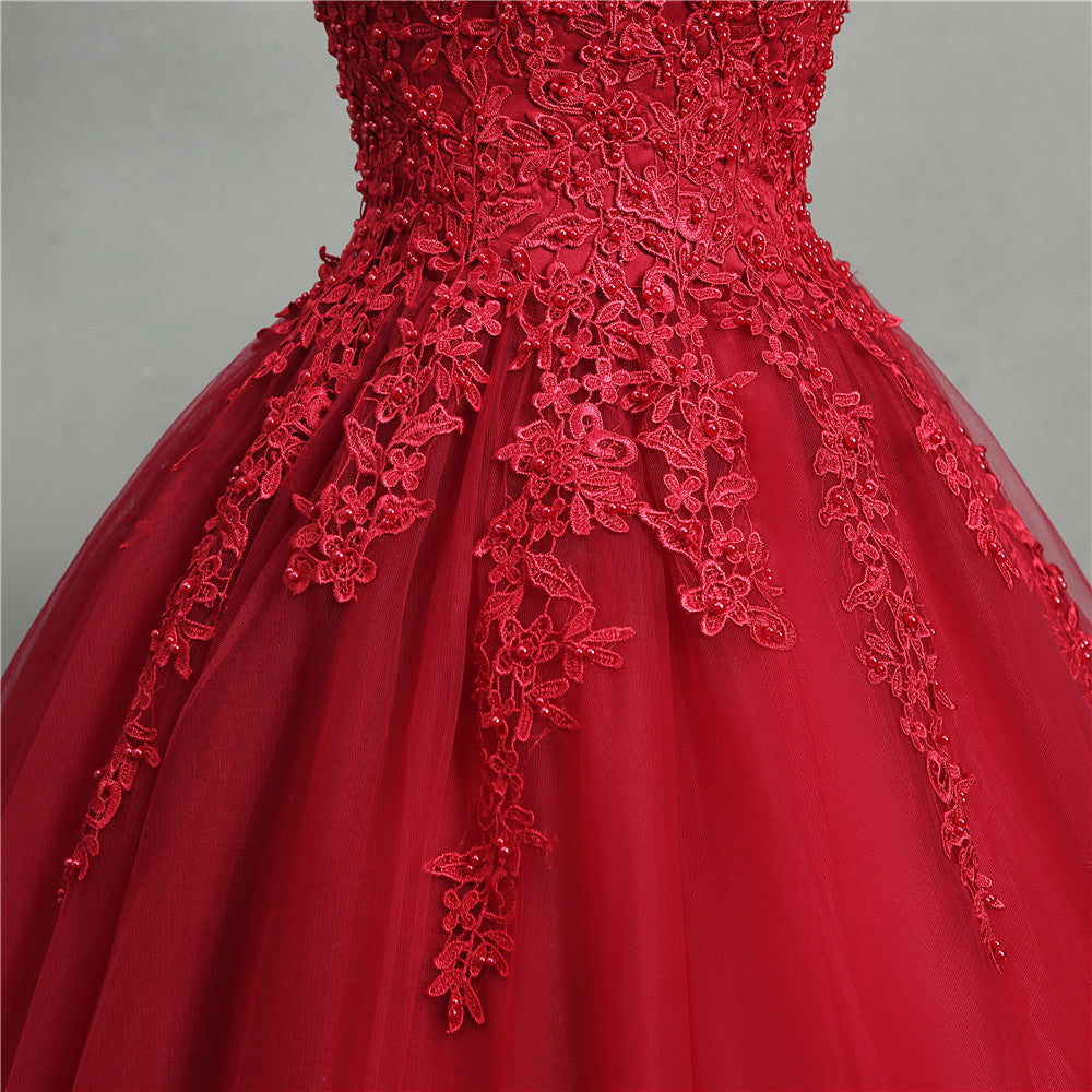 Prom Shoes, Gorgeous Red Ball Gown Sweet 16 Gown, Red Tulle with Lace Applique Party Dresses