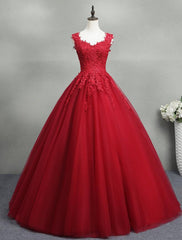 Fall Wedding Ideas, Gorgeous Red Ball Gown Sweet 16 Gown, Red Tulle with Lace Applique Party Dresses