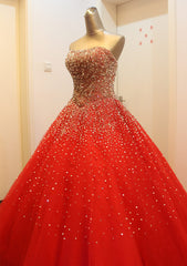 Homecoming Dress Styles, Gorgeous Red Long Tulle Gown, Sparkle Handmade Formal Dresses