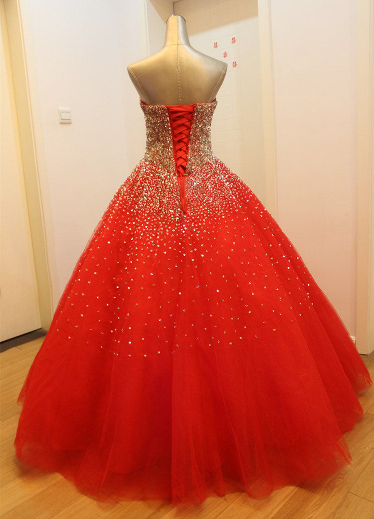 Homecoming Dresses Freshman, Gorgeous Red Long Tulle Gown, Sparkle Handmade Formal Dresses