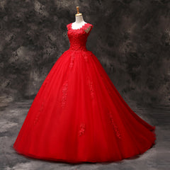 Prom Dress With Sleeves, Gorgeous Red Tulle Ball Gown Long Formal Dress with Lace Flowers, Red Sweet 16 Dresses