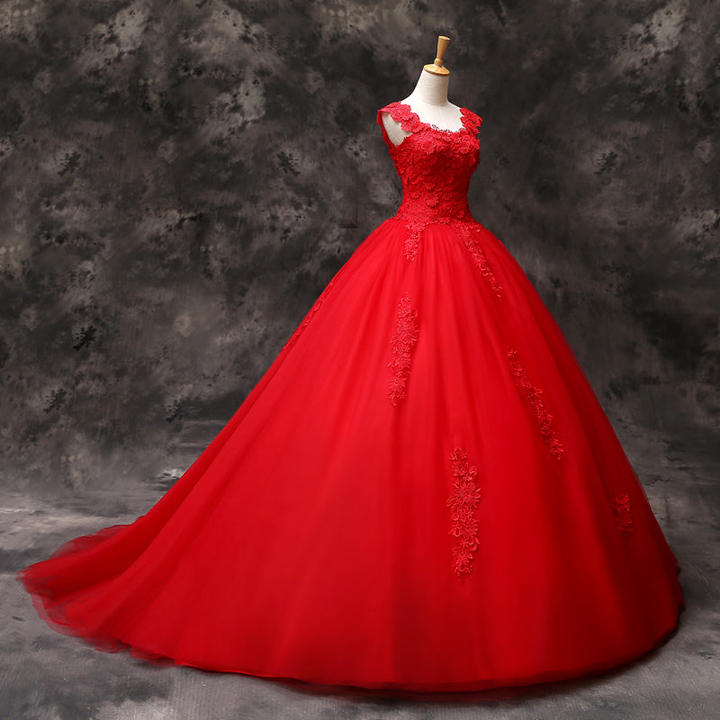 Prom Dress With Sleeve, Gorgeous Red Tulle Ball Gown Long Formal Dress with Lace Flowers, Red Sweet 16 Dresses