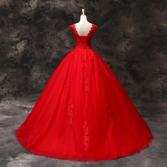 Prom Dresses Navy, Gorgeous Red Tulle Ball Gown Long Formal Dress with Lace Flowers, Red Sweet 16 Dresses